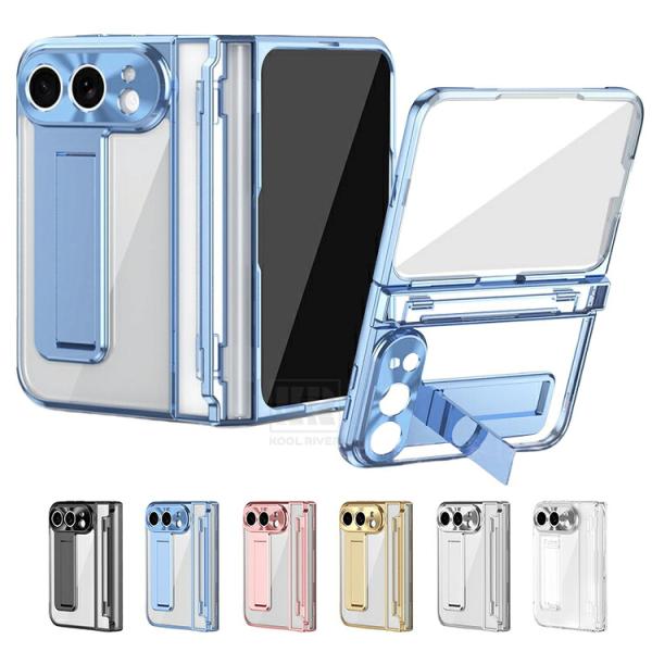 iPhone Fold用 クリアケース カバー 折りたたみ型 メッキ クリア 透明 プラスチック 強化ガラスフィルム付き カメラレンズ保護 スタンド機能 ヒンジ保護