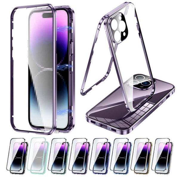iPhone15 ケース アルミ バンパー カバー 前後強化ガラス かっこいい アルミバンパー ロック付き カメラ保護 クリア 透明 両面 マグネット固定 全面保護