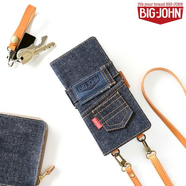 iPhone限定 手帳型 スマホケース リアデザイン ストラップ付 BIG JOHN デニム 岡山デニム ジーンズ 本革 ビッグジョン 日本製 メール便送料無料