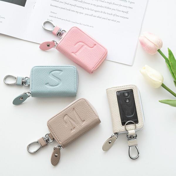 スマートキーケース 窓付き シングル Simple -グレイス- イニシャル刻印 くすみカラー キーケース カラビナ付き ナチュラルカラー 落下防止 メール便送料無料