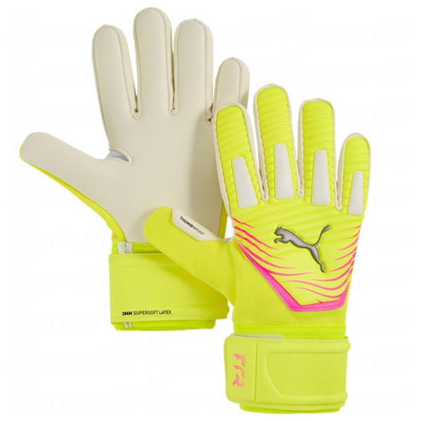 プーマ、大人/メンズ用GKグローブ。フューチャーシリーズとデザイン連動したゴールキーパーグローブ。子供/ジュニア対応。素材：ラバー、合成繊維(ポリエステル)、合成樹脂(ポリウレタン)カラー：イエローアラートモデル：2025年春夏