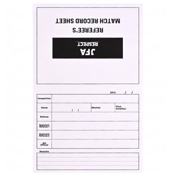 サッカー日本代表、レフリー用マッチレコードシートセット。JFAオリジナル審判グッズ。「JFA RESPCT」ロゴデザイン入り。10枚入り。サイズ：F(約100×154mm)モデル：2025年秋冬