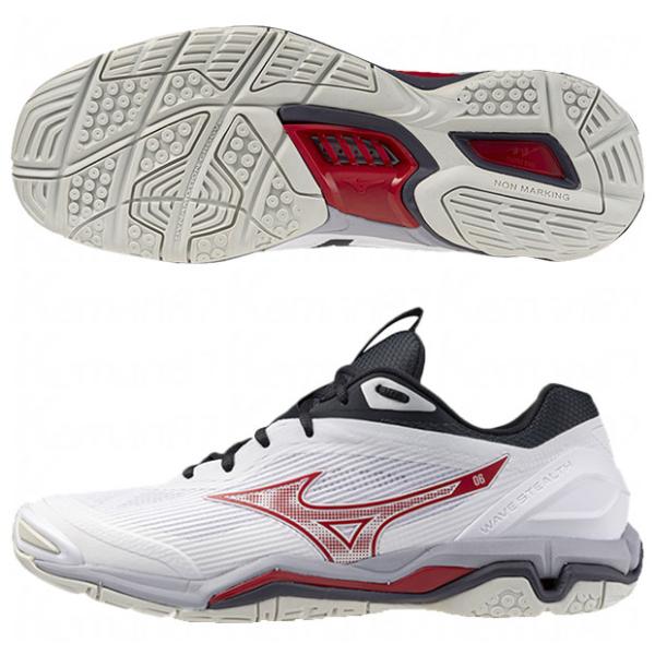 ウエーブ|ステルス|6　ホワイト×レッド×ブラック　【MIZUNO|ミズノ】ハンドボールシューズx1ga243021 MIZUNO（ミズノ） ウエーブ ステルス 6 ホワイト×レッド×ブラック