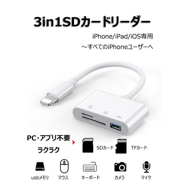iPhone カードリーダー SD TFカードリーダー SDカードカメラリーダー iPhone iPad 対応 高速な写真転送 iOS13 双方向 データ転送 OTG対応