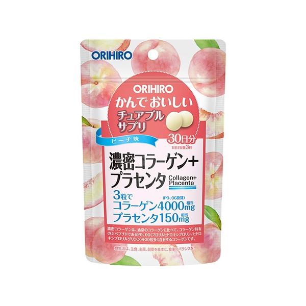 「オリヒロ　かんでおいしいチュアブルサプリ　濃密コラーゲン＋プラセンタ　90粒」は、本品は、濃密コラーゲン※とプラセンタを美味しく摂取できるピーチ味のチュアブル製品です。ポリポリ気軽に美味しくお召し上がりいただけるサプリメントとして、日々の...