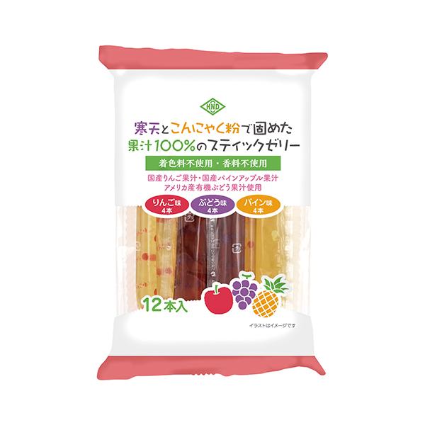 寒天とこんにゃく粉で固めた国産果汁100％のスティックゼリー (りんご・ぶどう・パイン) 12本 - 花田食品