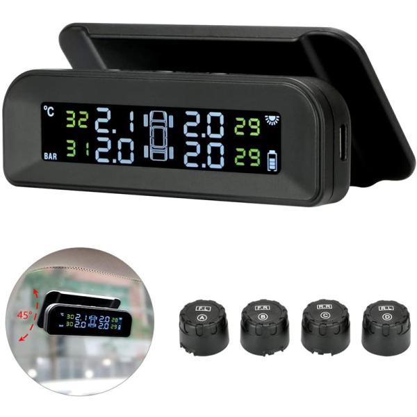 TPMS タイヤ空気圧監視システム リアルタイムタイヤ空気圧監視 フロントガラスにマウント 太陽エネルギー/USBダブル充電 振動感知 4外部センサー TPMS タイヤ空気圧監視システム リアルタイムタイヤ空気圧監視 フロントガラスにマウント 太陽エネルギー/USBダブル充電 振動感知 4外部センサー