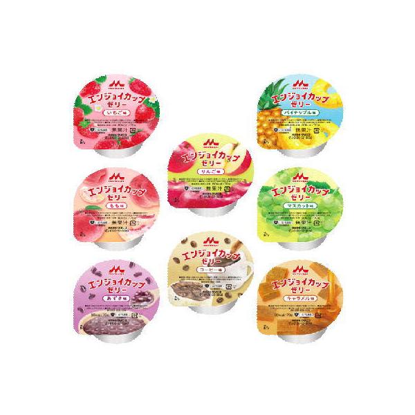 エネルギー　80kcal、たんぱく質　4.0g（1個70g当たり）いちご味、りんご味、パイナップル味、もも味、マスカット味、あずき味、コーヒー味、キャラメル味の８種×3個づつのセット商品です。