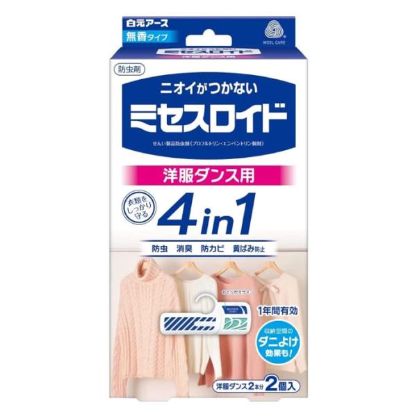 ●衣類にニオイがつかない、無香タイプの防虫剤。●大切な衣類を１年間しっかり守る４つの機能付き。●防虫機能・消臭機能・防カビ機能・黄ばみ防止機能●収納空間のダニよけ効果も。