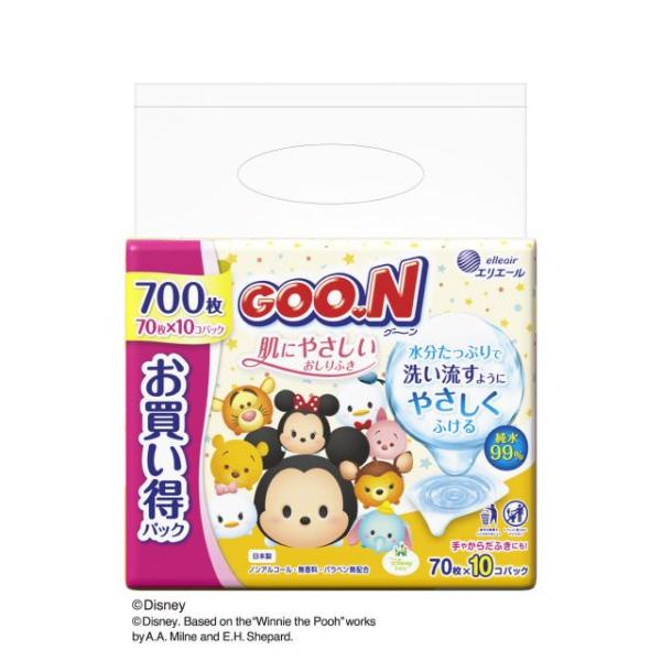 ＊在庫限り＊グーン 肌にやさしいおしりふき 70枚×10P(大王製紙 ノンアルコール 敏感肌 純水99%)[返品・交換不可]