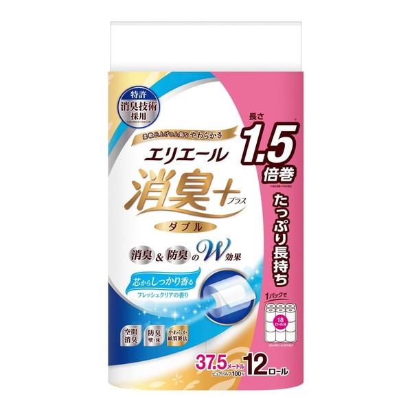 (送料無料・まとめ買い×4個セット)大王製紙 エリエール 消臭+ トイレットティシュー フレッシュクリアの香り たっぷり長持ち 12ロール ダブル