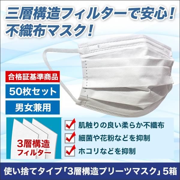 使い捨てタイプ 3層構造プリーツマスク ホワイト 50枚 5箱 快適生活オンラインpaypayモール店 通販 Paypayモール