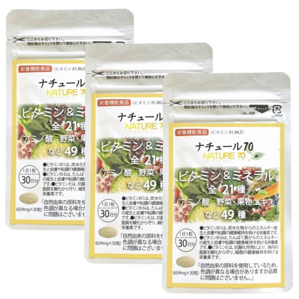 マルチビタミン ミネラル 自然 天然 由来 ビタミン 野菜 果物 酵母 サプリ 30日分×3セット ナチュール70 総合ビタミン スーパーフード ファイトケミカル