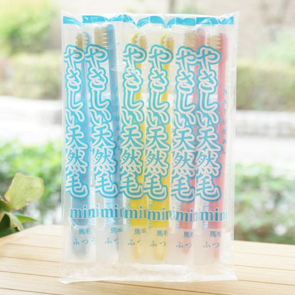 歯茎へのあたりが全然違います。天然毛（馬毛）を使った歯ブラシでナイロン毛を始めとする化学品より、毛先が広がりにくく歯と歯茎にやさしい特長があります。【原料名】毛：天然毛（馬毛）、ハンドル：ポリプロピレン【内容量】6本