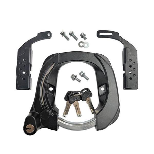 GR972e 電動アシスト自転車専用リング錠各メーカー、各車種において多種多様な取り付け位置がある電動アシスト自転車にマルチに対応するe-ブラケット付属のリング錠子供のせ電動アシスト自転車に装着されている20インチ太タイヤなどにも対応する特...