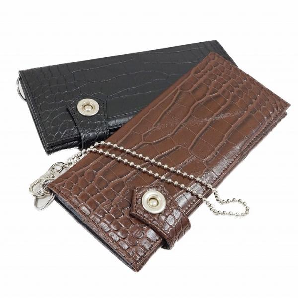 EVISU 長財布 ウォレットチェーン付き クロコ型押し 財布 メンズ 長財布 クロコ フェイクレザー ウォレット ウォレット