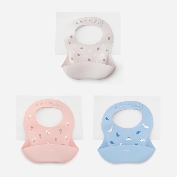 シリコーンゴム製のお食事スタイです。可愛い花柄と恐竜柄、星柄で、お子様も楽しくお食事タイム♪使用後に、洗って拭けば、またすぐに使うことができるので、家でも外出先でも使いやすい！やわらかい素材で、体にフィット。首回りは、成長に合わせて7段階に...