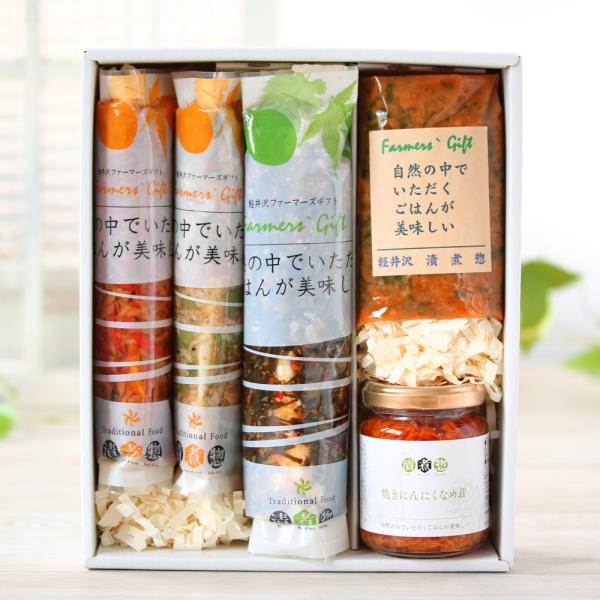 ご飯に混ぜて、のせて、添えて食べられる！ハマること間違いなしのご飯のお供におすすめな商品を詰め合わせた和風のギフトセットです。お子様からご年配の方まで、誰からも喜ばれるラインナップ、信州名産野沢菜となめ茸が入ったお手頃価格な和惣菜詰め合わせ...