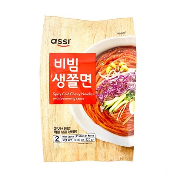 商品名 【アッシ】ビビン生チョル麺(2人前*420g)内容量 420g名称 冷麺原材料名 ●麺：小麦粉、さつまいも澱粉、食塩／酒精　●ビビンソース：果糖、唐辛子ペースト（もち米、唐辛子、大豆）、砂糖、玉ねぎ、にんにく、ごま／調味料（アミノ酸...