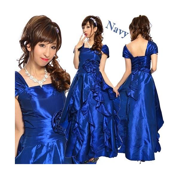 9890 プリーツ縦フリルコサージュ付きオフショル姫ドレス