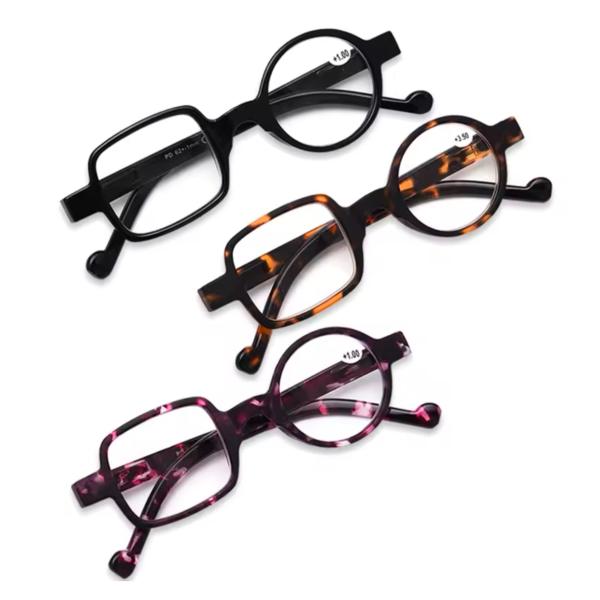 男女兼用  リーディンググラス老眼鏡 シニアグラスです。丸とスクエア型のオシャレでレトロな老眼鏡ブルーライトカット左右非対称のレンズで個性的ながらべレトロな雰囲気です！カラー：(1)赤紫柄　(2)ブラック無地　(3)ブラウン豹柄サイズ......