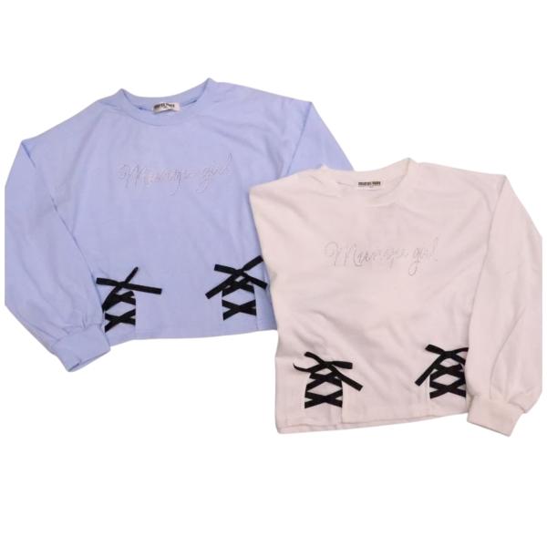 長袖 Tシャツ 140cm 150cm 160cm ロンT レースアップ クロップド丈 カジュアル スクール 子供服 女の子 ジュニア 秋 冬 春 ロゴ キラキラ ビーズ かっこいい