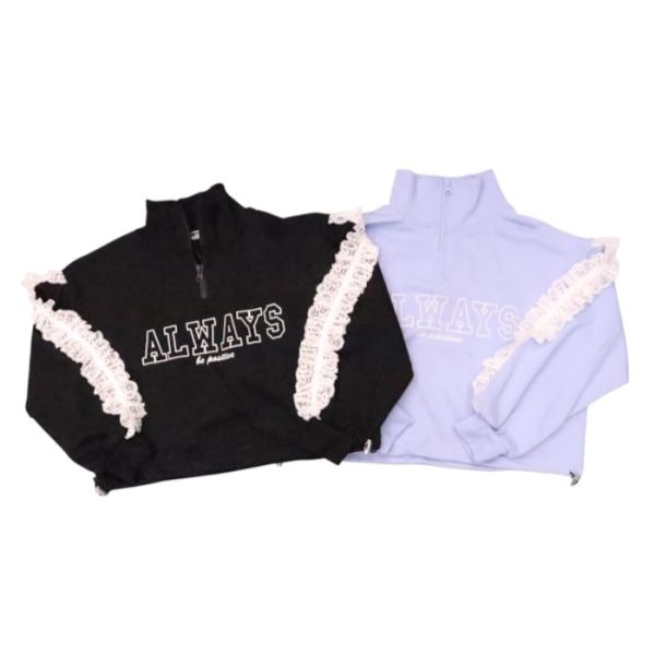 ハーフジップ トレーナー 140cm 150cm 160cm クロップド丈 ショート丈 レース フリル 子供服 女の子 ジュニア トップス 秋 冬 可愛い ガーリー 裏毛 ハーフzip