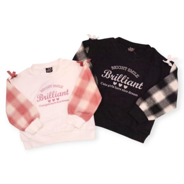 Tシャツ ニットソー 80cm 90cm 95cm 100cm 110cm 120cm 130cm 袖チェック リボン キッズ 子供服 女の子 可愛い 刺しゅう 秋 冬 ドーリーリボン dollyribbon 格子