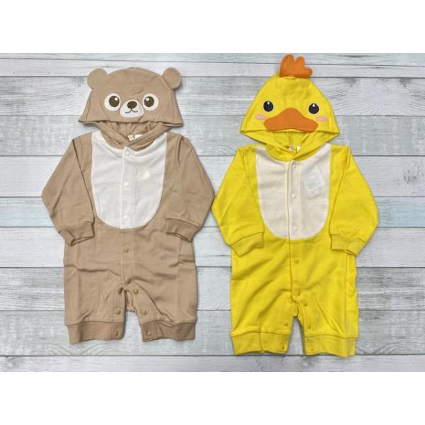 可愛いクマ・ヒヨコになりきれるカバーオールです。顔が付いたフードをかぶると、ぬいぐるみみたいに可愛く変身☆ハロウィン、クリスマス、記念撮影など色々と活躍できます☆前開きのデザインなので、お着替えも簡単です◎プレゼントや贈り物にも！〇素材：【...