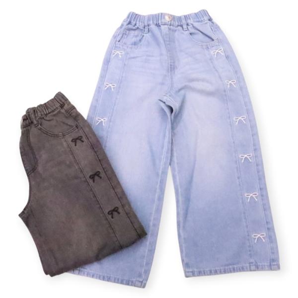 デニム ロングパンツ 120cm 130cm 140cm 150cm 160cm ワイド リボン サイド ポケット ウエストゴム シンプル ゆったり キッズ 子供服 ジュニア 女の子 夏 春 秋
