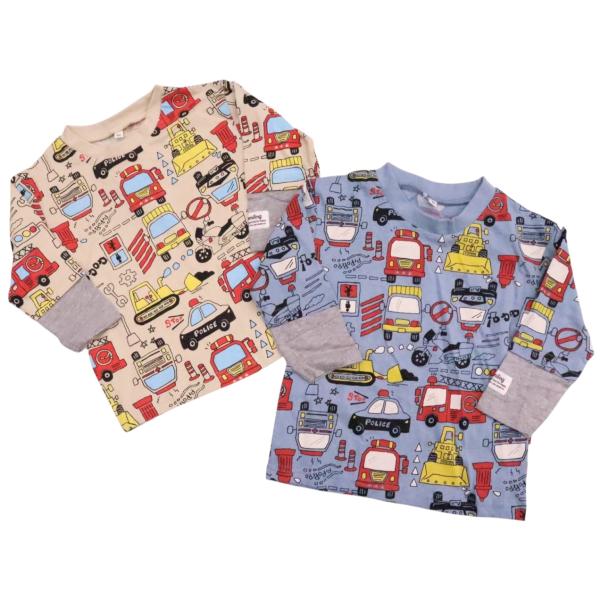 子供たちが大好きな働く車の総柄長袖Tシャツです。ブルドーザー、消防車、白バイなど、様々な車がプリントされていて楽しい一枚になってます。レイヤード風のデザインもオシャレ。素材は肌に優しい綿100％を使用。敏感なお子様の肌を考え、快適さと安全性...