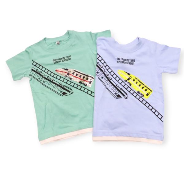新幹線 電車 スパンコール 半袖 Tシャツ 110cm 120cm 130cm 変色スパンコール リバーシブルカラー 線路 乗り物 レイヤード風 男の子 夏 キッズ 子供服 トップス