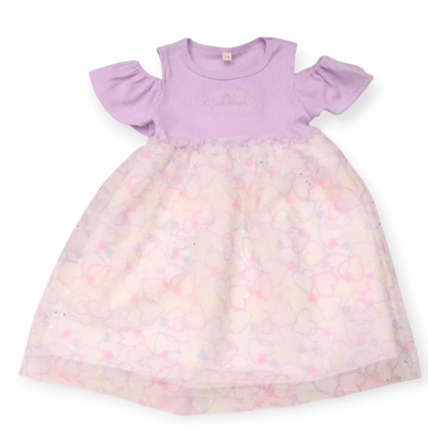 半袖 チュールワンピース 90cm 100cm 110cm 120cm 130cm 肩開き リブ ハート ドッキングワンピース 総柄 お洒落 子供服 女の子 キッズ 肌見せ キラキラ ガールズ