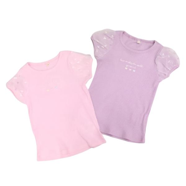 半袖Tシャツ 110cm 120cm 130cm 袖箔プリント 刺繍 リブ ハート チュール お洒落 キッズ 子供服 女の子 可愛い カットソー トップス ストレッチ のびのび 柔らか