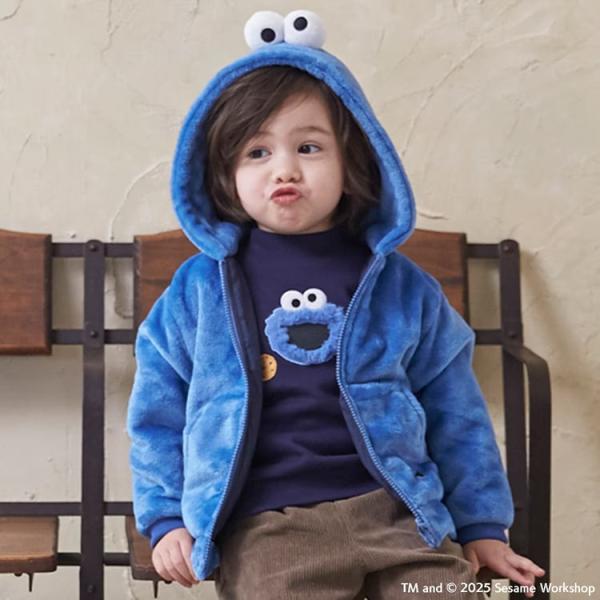 セサミストリート エルモ クッキーモンスター アビー なりきり フード付き ボアジャケット ブルゾン アウター 防寒着 子供服 ベビー服 キッズ ウェア もこもこ ふわふわ 暖かい キャラクター 刺繍 存在感 映え アイテム お出かけ 公園...