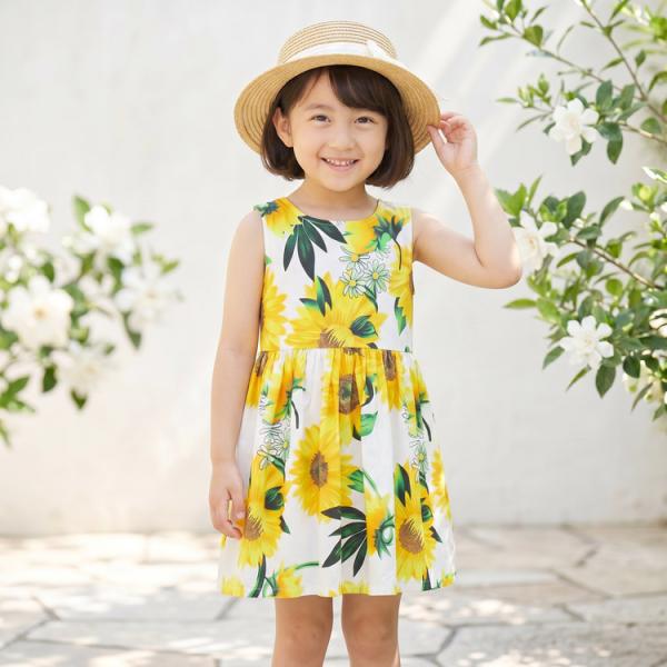 30％OFFセール WiLL MERY ウィルメリー ノースリーブ ワンピース 子供服 女の子 キッズ ひまわり柄 ポケット付き 綿100% 80-130cm K 新作 2602 72 爆買