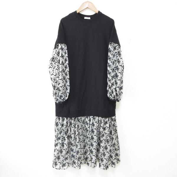 クラネ　黒ロングワンピース　サイズ1 美品 CLANE 美品 クラネ フラワーレースミックスワンピース 長袖