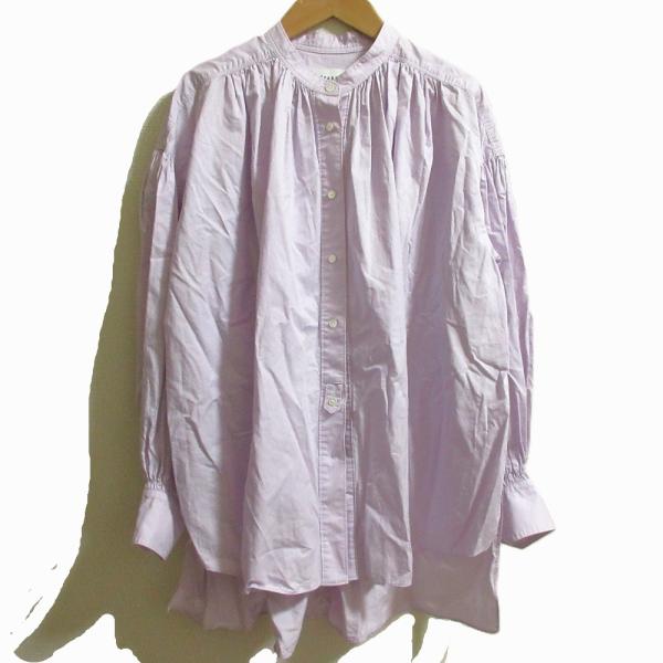 美品 デパリエ ギャザー バンドカラー ブラウス 38 パープル 日本製 un8 kigaeru_139225004008