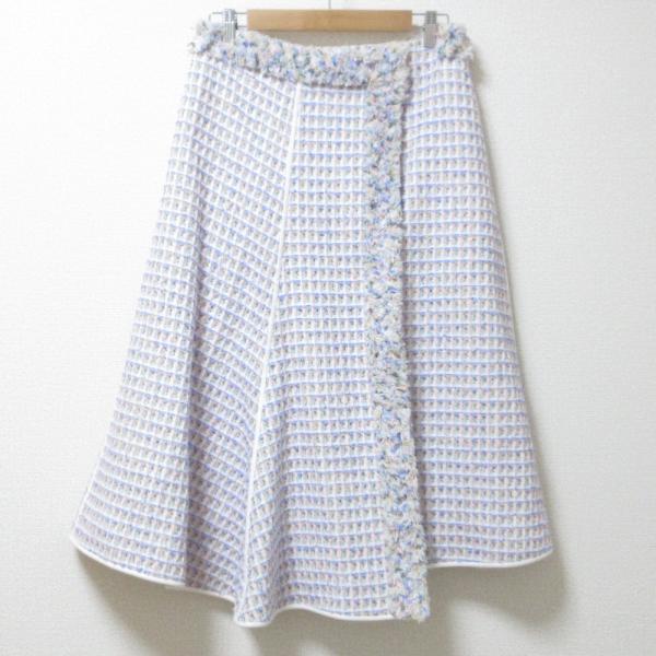 高級 BLAMINK 2023 ブラミンク リネンシルクゴヤードスカート　38 BLAMINK 美品 ブラミンク 2023年モデル R C/N TWEED FLA フリンジ ひざ