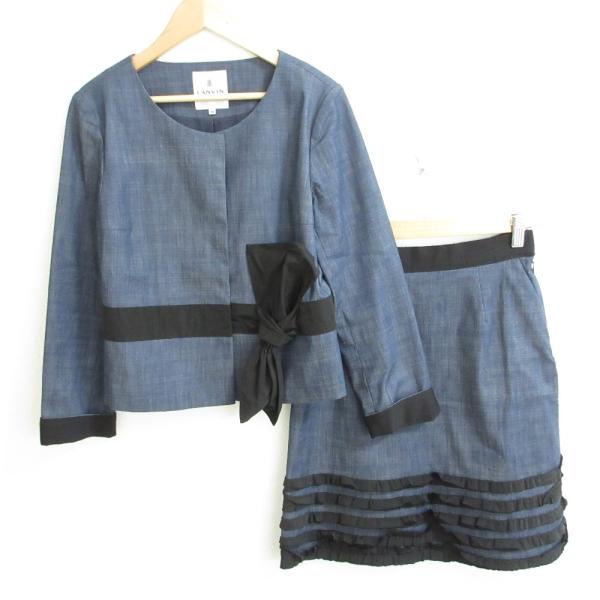 美品 LANVIN en Bleu ランバンオンブルー リボン デニム ノーカラージャケット+フリルスカート スーツ セットアップ サイズ38 ブルー レディース 古着 中古 USED kigaeru_141782050007