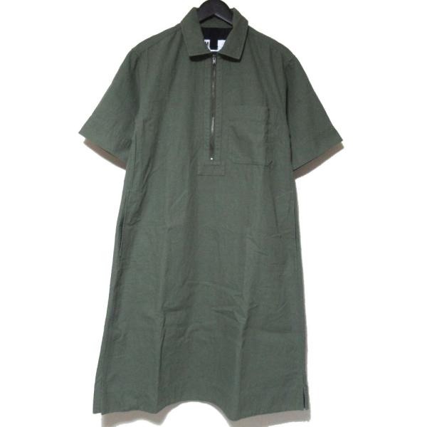 MHL. エムエイチエル　半袖ロングシャツワンピース　ハーフボタン　カーキ　1 MHL. エムエイチエル 半袖ロングシャツワンピース ハーフボタン