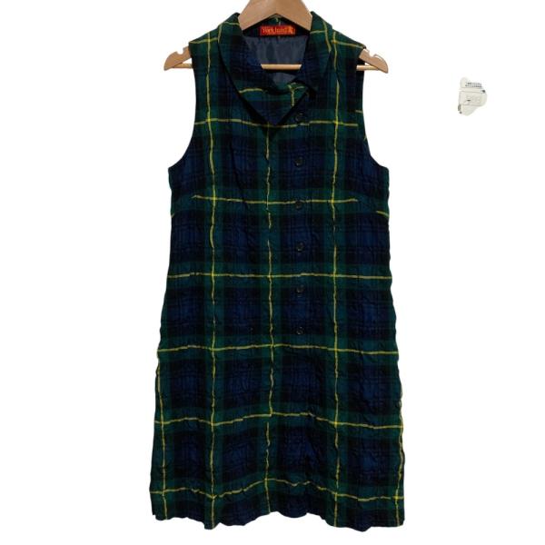 美品 YORKLAND ヨークランド チェック柄 シワ加工 ノースリーブ ひざ丈
