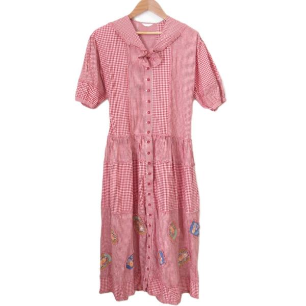 美品 ピンクハウス 前開きワンピース　ピコフリル シャツワンピース PINK HOUSE（ピンクハウス） 良品 キューピー パッチワーク ギンガム