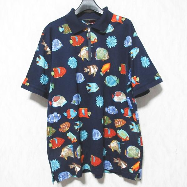 47美品　大きいサイズ　leonard レオナール　モノクロ　ポロシャツ　15号 LEONARD（レオナール） 美品 LEONARD HOMME レオナールオム フィッシュ