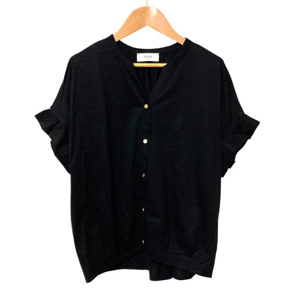 美品 BEAMS HEART ビームスハート スキッパーシルケットカットソー フレアスリーブ ブラウス サイズF ブラック レディース 古着 中古