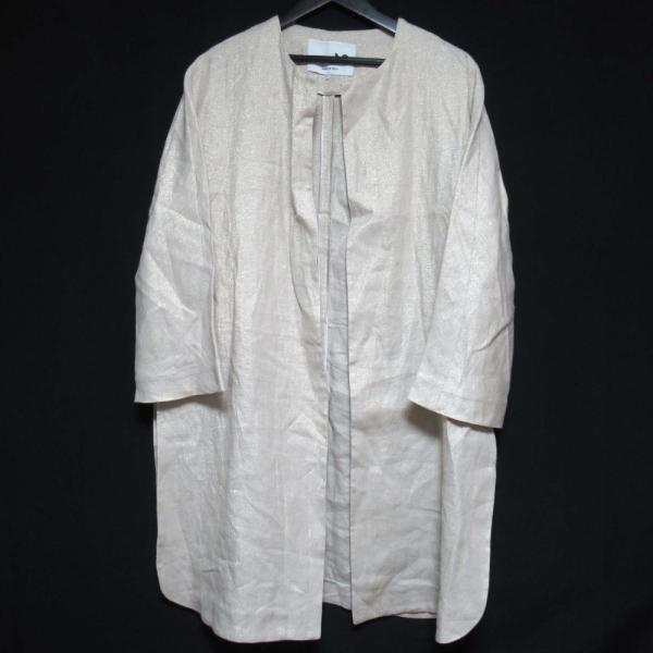 美品 24SS manzoni24 マンゾーニ24 オープンフロント リネン ノーカラーコート 24PM434 I48サイズ ベージュ レディース 古着 中古 USED 美品 24SS manzoni24 マンゾーニ24 オープンフロント リネン ノー