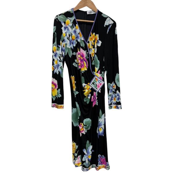 美品♡レオナール カシュクール ワンピース フラワープリント トリム 黒 38 LEONARD（レオナール） 美品 LEONARD PARIS フラワープリント シルク