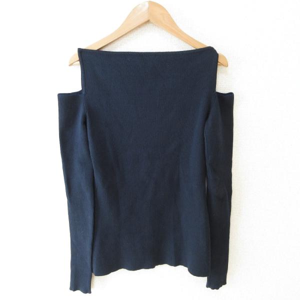 美品 ADEAM アディアム パールディティール オープンショルダー リブニット プルオーバー カットソー 41027 小さいサイズ 0 ネイビー レディース 古着 中古 USED ADEAM 美品 アディアム パールディティール オープンショルダー