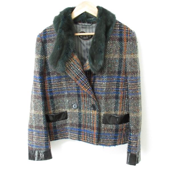 美品 ETRO エトロ ミンク ファーカラー ウール 袖レザー ダブル