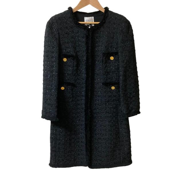 美品 EDWARD ACHOUR PARIS エドワードアシュールパリ ノーカラー ツイード ロングコート サイズ36 ブラック レディース 古着 中古